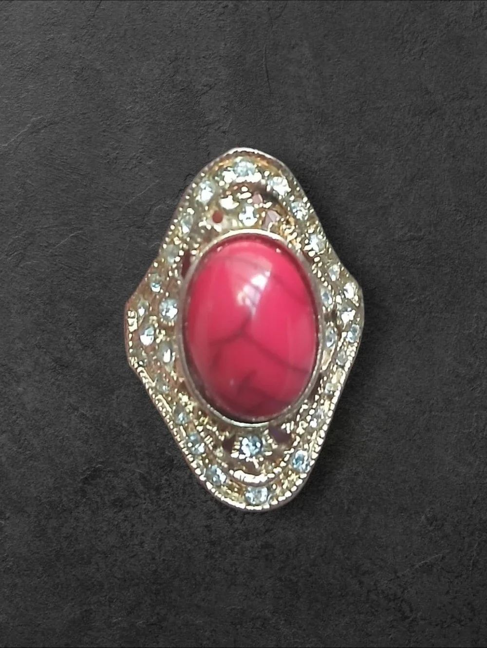 Vintage Gold Tone Filigree Statement Ring with Red Faux Turquoise Cabochon